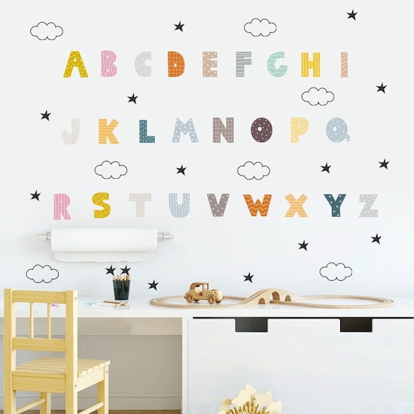 Stickers chambre bébé, stickers muraux enfants, autocollant chambre fille, sticker chambre garçon, sticker alphabet, lettres