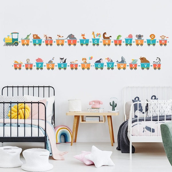 Stickers chambre bébé, stickers muraux enfants, autocollant chambre fille, sticker chambre garçon, sticker alphabet, lettres, train