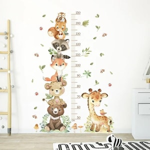 Babygroeimeterstickers, babymuurgroeimeter, kindergroeimeter, dierengroeimeter, bosmeting, meisjeskamersticker, jongenskamersticker