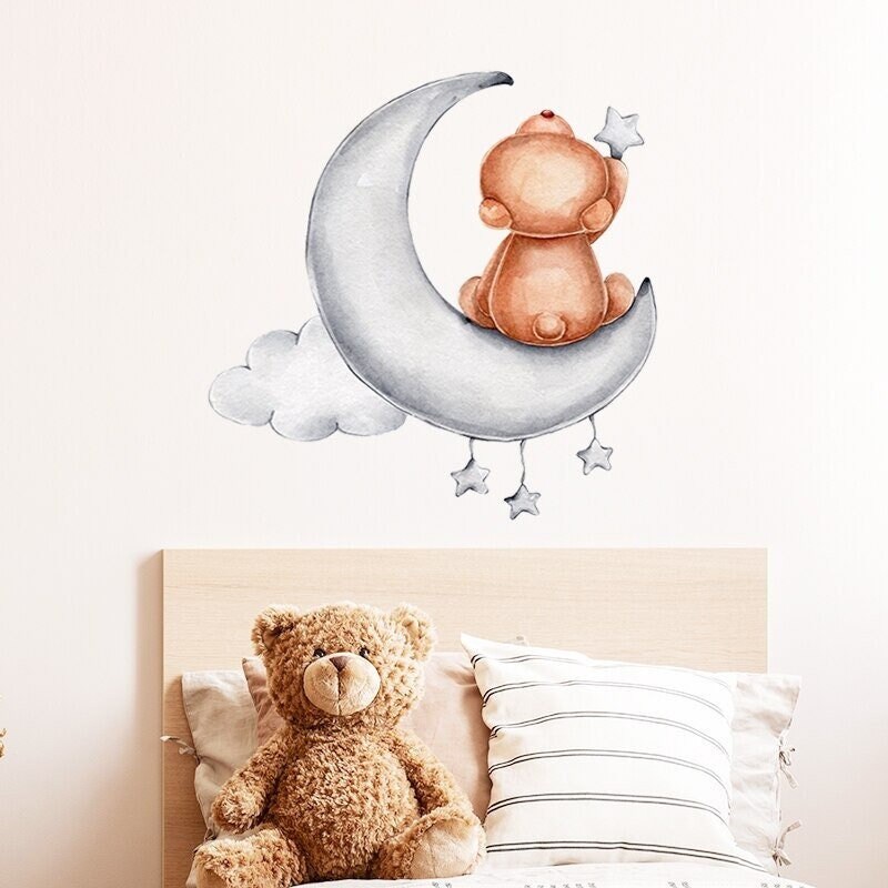 Stickers Chambre Bébé, Stickers Muraux Fille Garçon, Autocollant Animaux Mignons, Ourson de Dos sur 