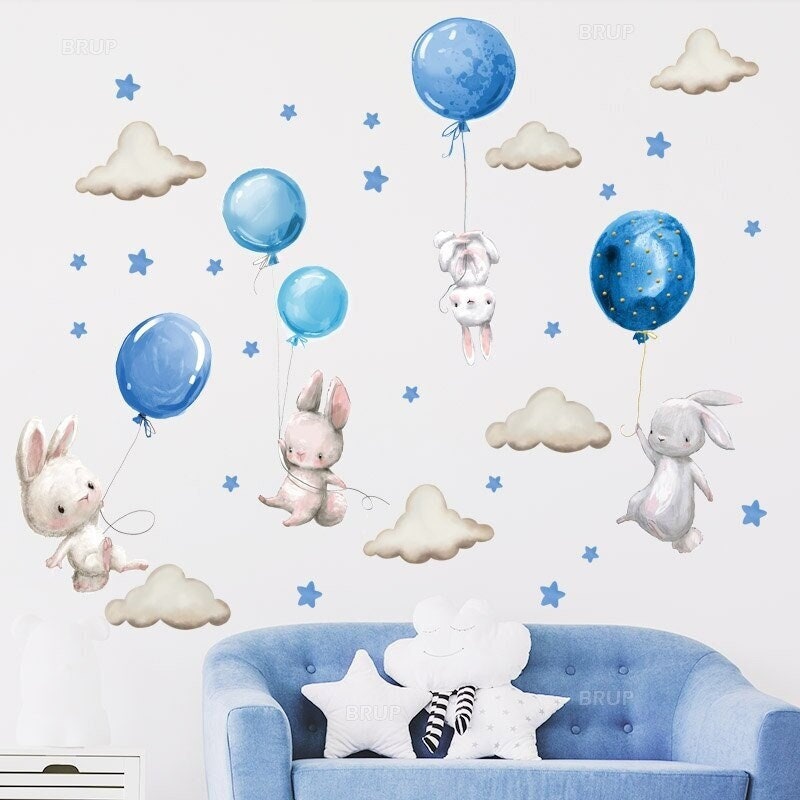 Stickers Chambre Bébé, Stickers Muraux Enfants, Autocollant Lapin, Animaux, Ballon