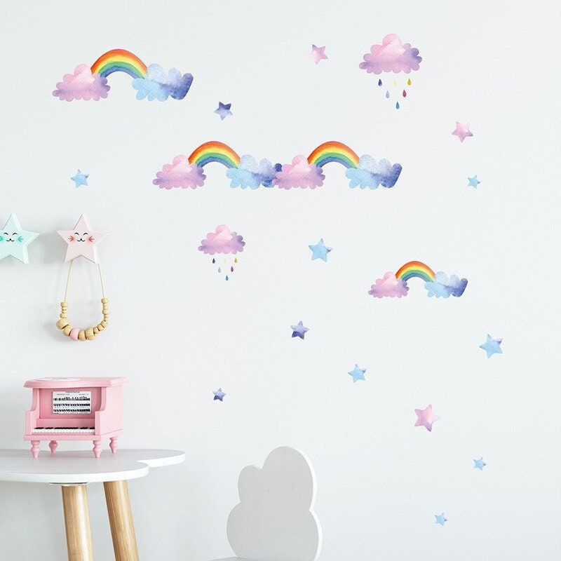 Stickers Chambre Bébé, Stickers Muraux Enfants, Autocollant Arc en Ciel, Nuage, Étoile