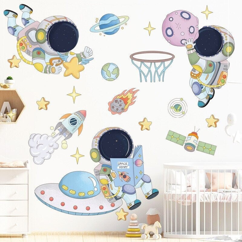 Stickers Chambre Bébé, Stickers Muraux Enfants, Autocollant Planète, Espace, Univers, Lune, Astronau