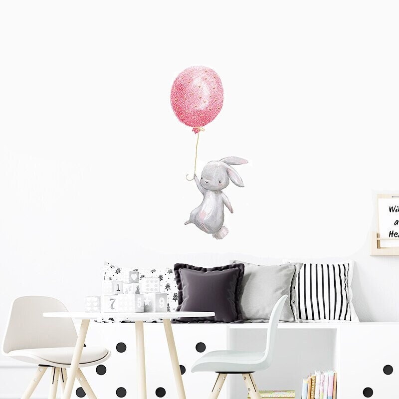 Stickers Chambre Fille, Stickers Muraux Bébé, Autocollant Enfant, Lapin Ballon Rose Pâle, Animaux