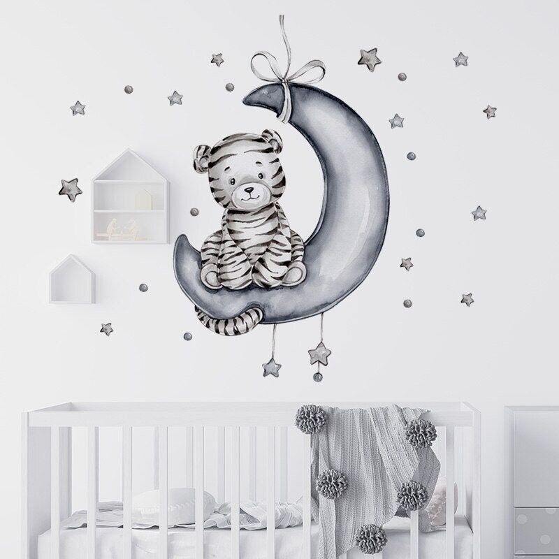Stickers Chambre Bébé, Stickers Muraux Fille Garçon, Autocollant Animaux Mignons, Tigre Gris sur La 