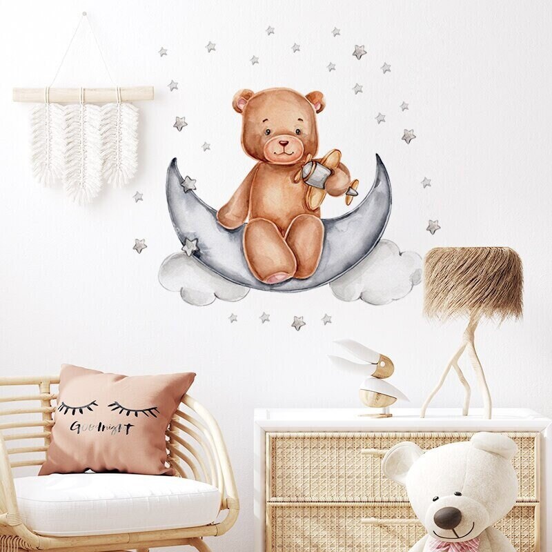 Stickers Chambre Bébé, Stickers Muraux Fille Garçon, Autocollant Animaux Mignons, Ourson sur La Lune
