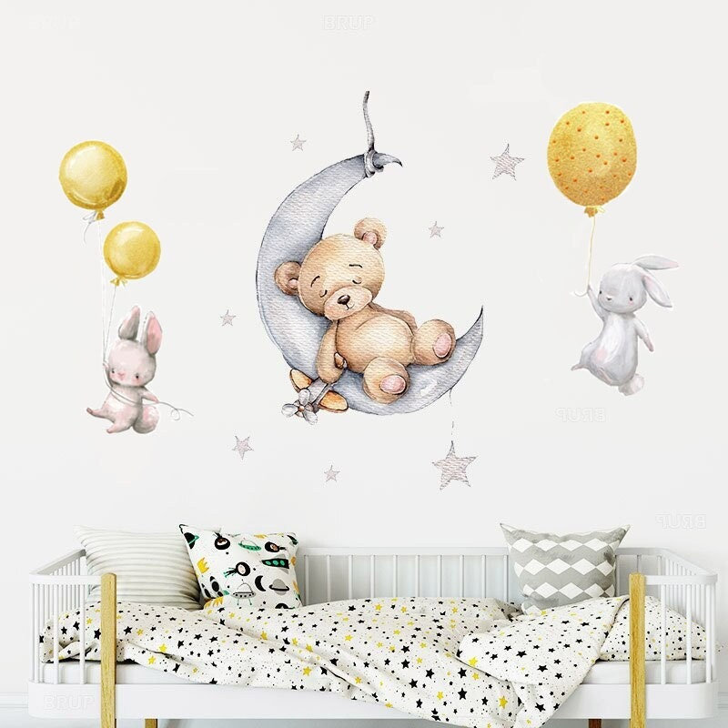 Stickers Chambre Fille, Ensemble de 3 Stickers, Stickers Muraux Enfants, Autocollant Lapin Ballon Ja