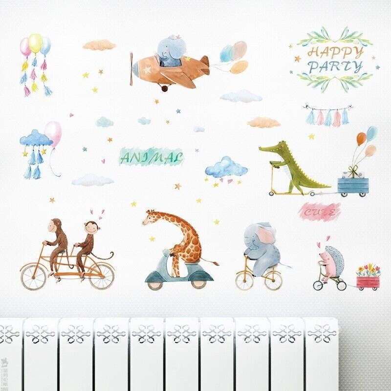 Stickers Chambre Bébé, Stickers Muraux Fille ou Garçon, Autocollant Animaux Mignons en Vélo, Transpo