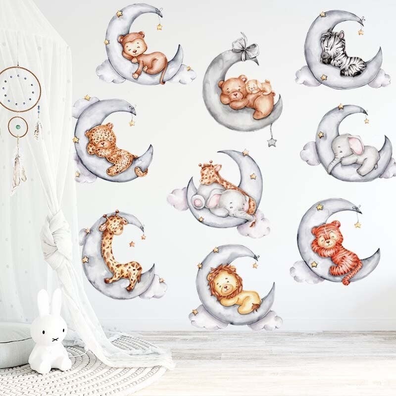 Stickers Chambre Bébé, Stickers Muraux Enfants, Autocollant Animaux Mignons, Lune et Étoiles