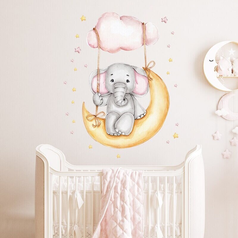 Stickers Chambre Bébé, Stickers Muraux Fille, Autocollant Animaux Mignons, Petit Éléphant sur La Bal
