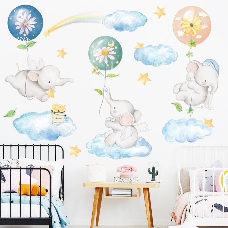 Stickers Chambre Bébé, Stickers Muraux Enfants, Autocollant Animaux, Éléphants Ballons