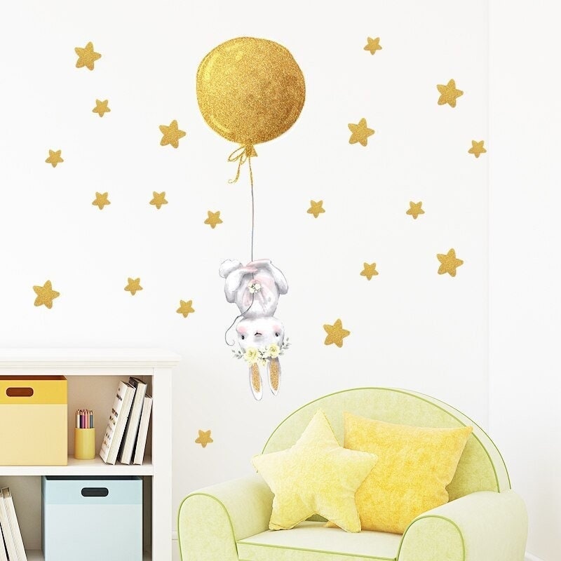 Stickers Chambre Fille, Stickers Muraux Bébé, Autocollant Enfant, 4 Lapins Ballons Jaunes, Animaux
