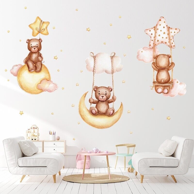 Stickers Chambre Bébé, Stickers Muraux Fille, Autocollant Animaux Mignons, 3 Ours sur La Balançoire