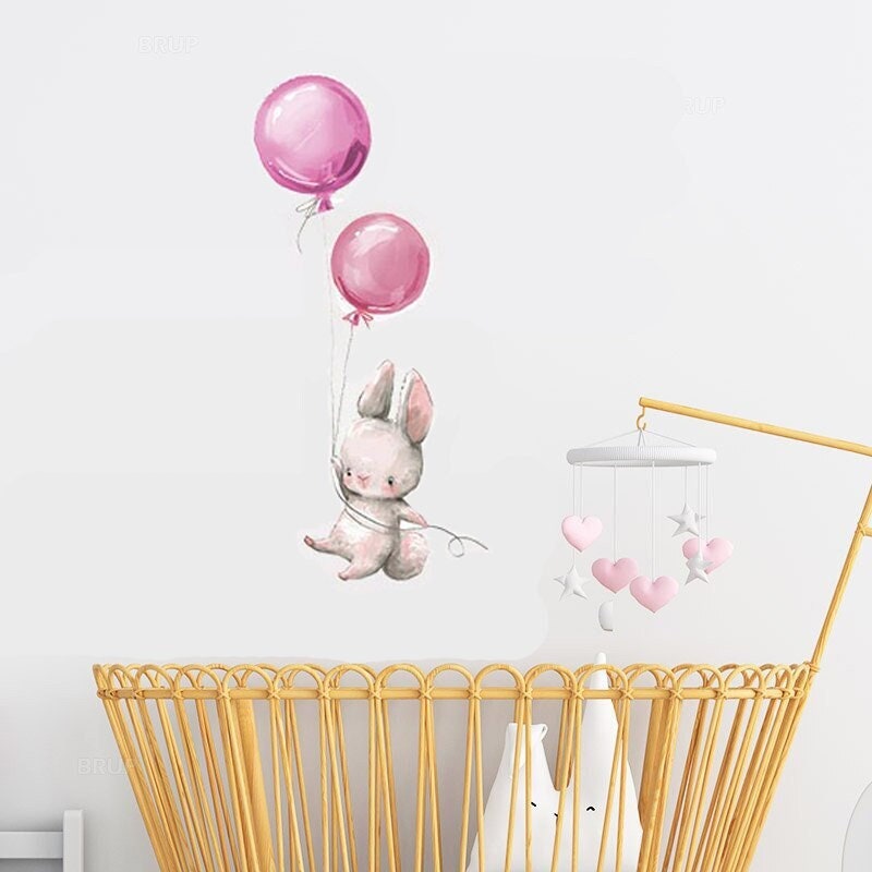 Stickers Chambre Bébé, Stickers Muraux Enfants, Autocollant Lapin, Animaux, Ballon Rose