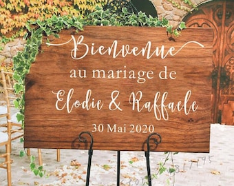 Sticker Bienvenue Mariage Sticker personnalisé prénoms mariage autocollant mariage Panneau accueil mariage bois