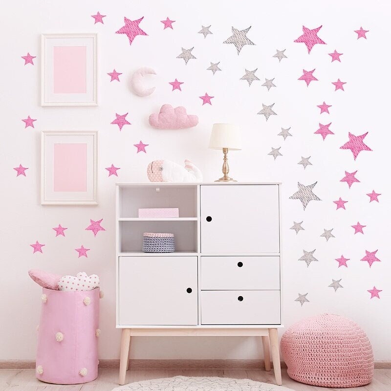 Stickers Chambre Fille, Stickers Muraux Bébé, Autocollant Étoiles, Formes, Rose et Gris