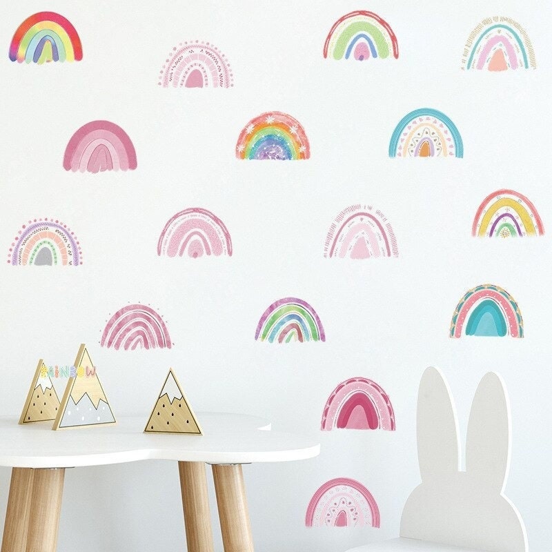 Set de 2 Stickers Chambre Bébé, Stickers Muraux Enfants, Autocollant Enfant, Arc en Ciel Rose, Stick
