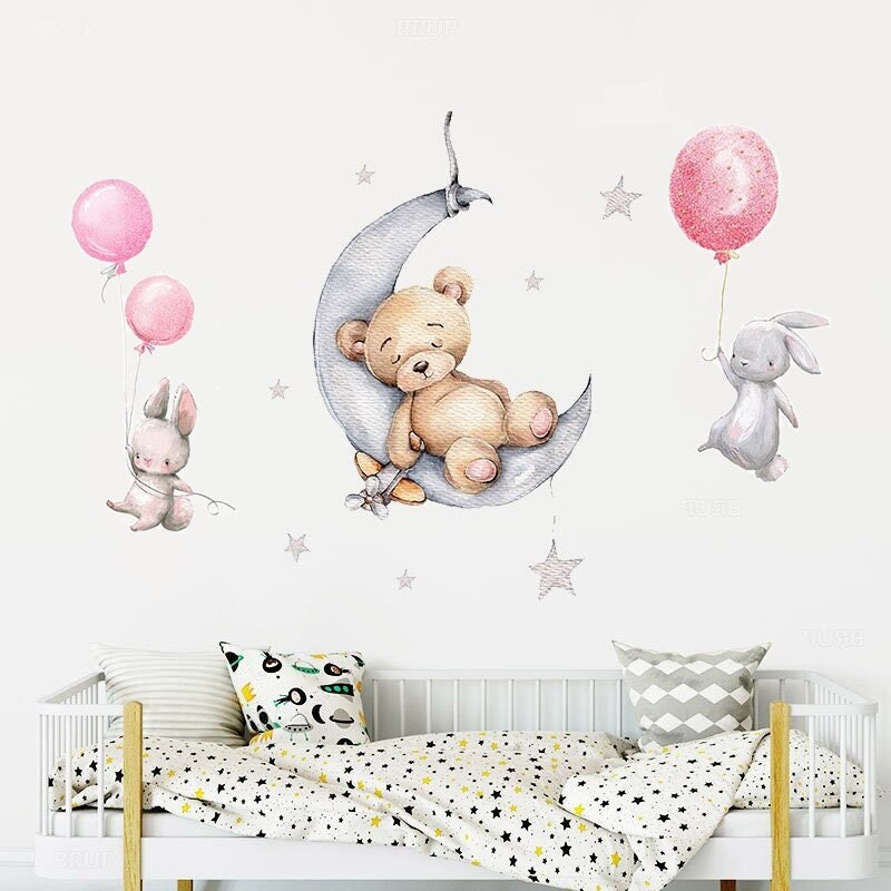 Stickers Chambre Fille, Ensemble de 3 Stickers, Stickers Muraux Enfants, Autocollant Lapin Ballon Ro