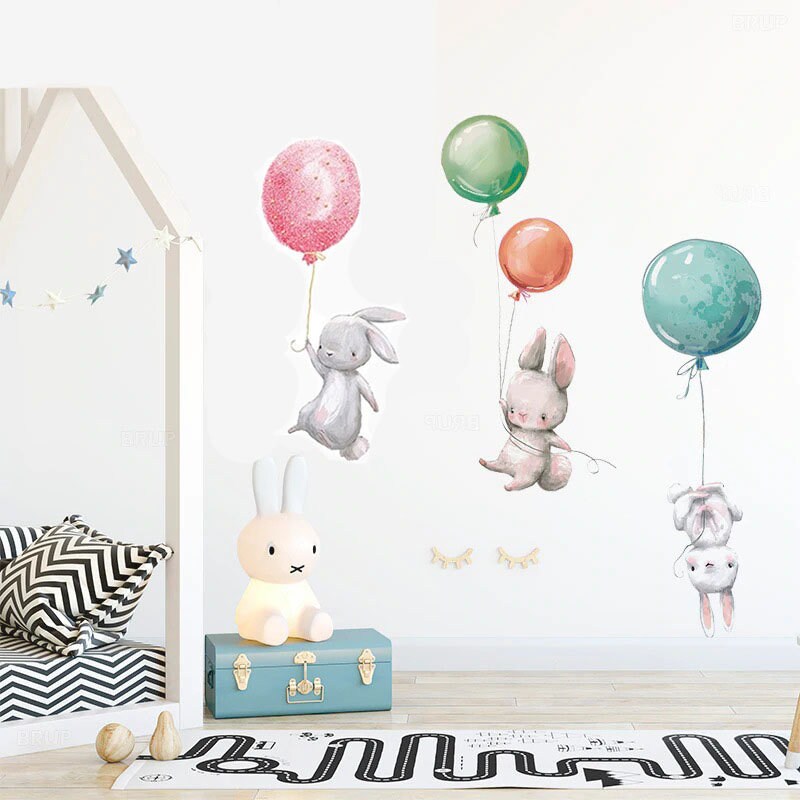 Stickers Chambre Fille, Stickers Muraux Bébé, Autocollant 3 Lapins Ballon Rose, Vert, Orange