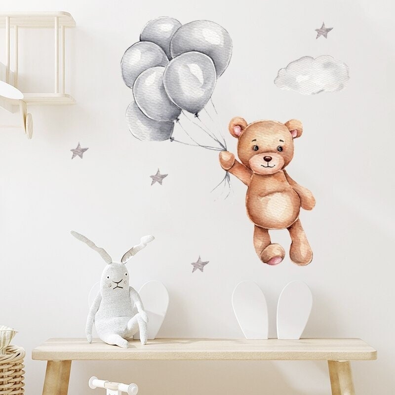 Stickers Chambre Bébé, Stickers Muraux Enfants, Autocollant Animaux, Petit Ours Ballons et Lune