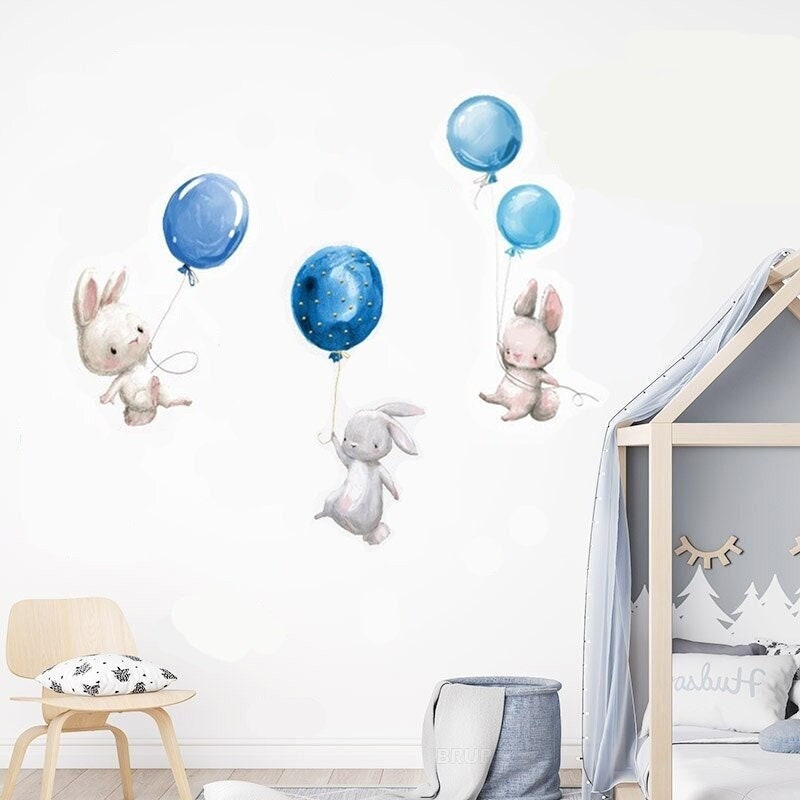 Stickers Chambre Bébé, Stickers Muraux Enfants, Autocollant Lapin, Animaux, Ballons Bleus, Trio