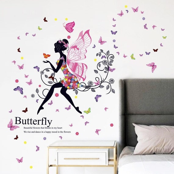 Stickers Muraux Fille Papillon Fleur Fée Sticker Mural Floral Rose