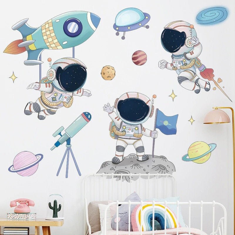 Stickers Chambre Bébé, Stickers Muraux Enfants, Autocollant Planète, Espace, Univers, Lune, Astronau