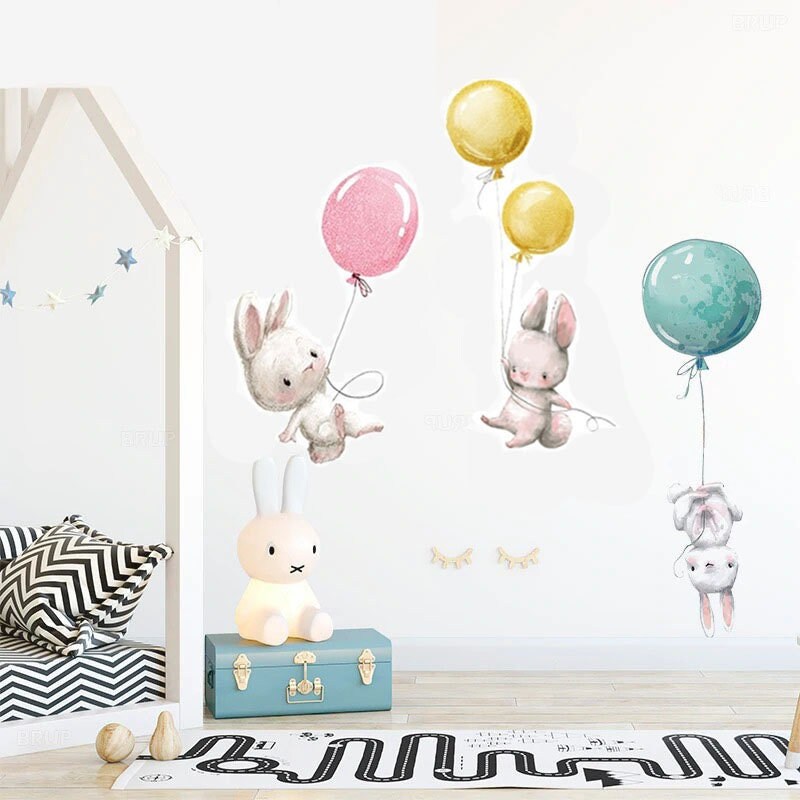 Stickers Chambre Fille, Stickers Muraux Bébé, Autocollant 3 Lapins Ballon Rose, Jaune, Vert