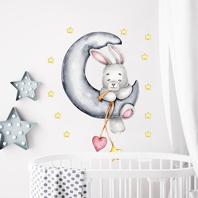 Stickers Chambre Bébé, Stickers Muraux Fille Garçon, Autocollant Animaux Mignons, Lapin sur La Lune 