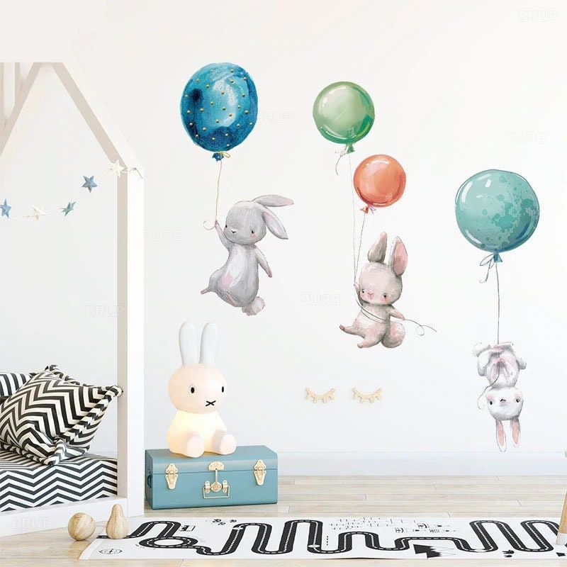 Stickers Chambre Bébé, Stickers Muraux Enfants, Autocollant Lapin, Animaux, Ballon