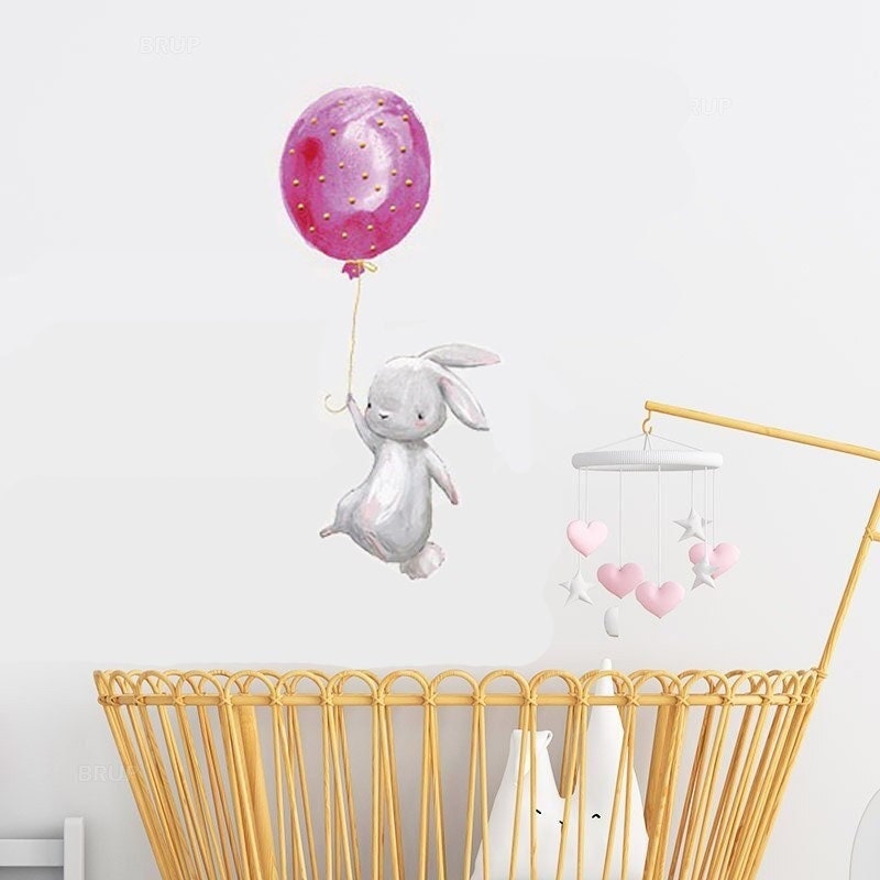 Stickers Chambre Bébé, Stickers Muraux Enfants, Autocollant Lapin, Animaux, Ballon Rose
