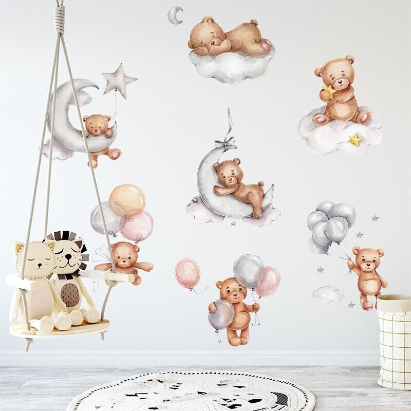Stickers Chambre Bébé, Stickers Muraux Enfants, Autocollant Animaux, Petit Ours Ballons et Lune