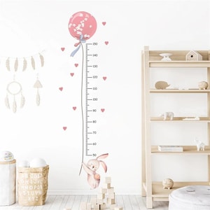 Babygroeimeterstickers, babymuurgroeimeter, kindergroeimeter, konijnengroeimeter, roze meting, meisjeskamersticker, meisjeskamersticker, dieren