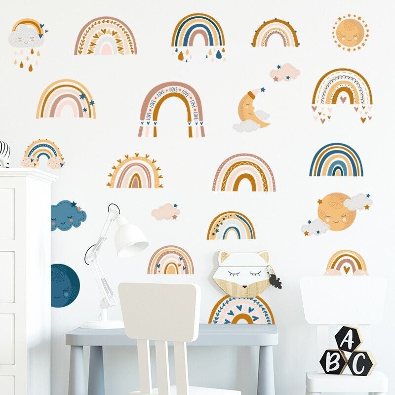 Set de 2 Stickers Chambre Bébé, Stickers Muraux Enfants, Autocollant Enfant, Arc en Ciel, Sticker Fi