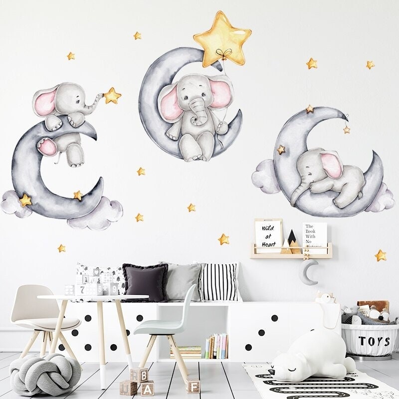 Stickers Chambre Bébé, Stickers Muraux Enfants, Autocollant Animaux, Éléphants sur La Lune