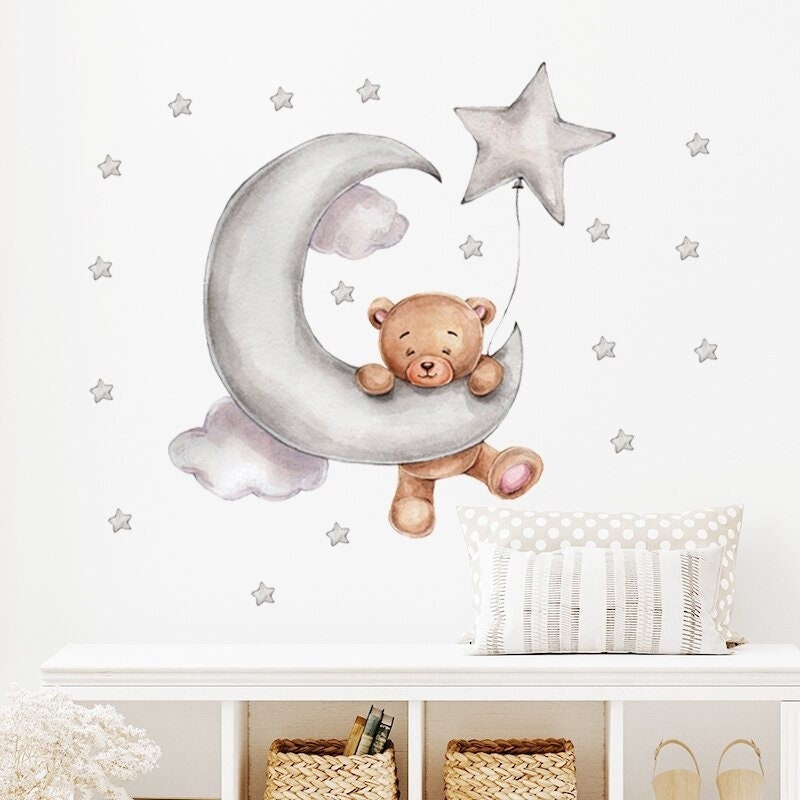 Stickers Chambre Bébé, Stickers Muraux Enfants, Autocollant Animaux, Petit Ours Ballons et Lune