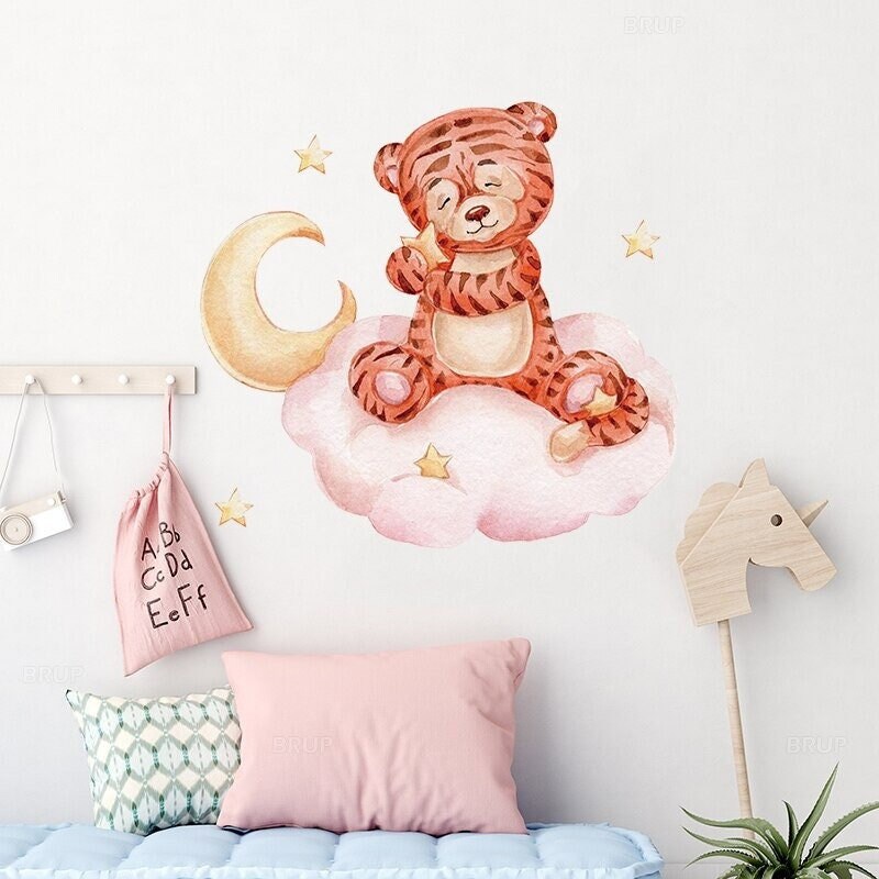 Stickers Chambre Bébé, Stickers Muraux Enfants, Autocollant Animaux, Tigre, Lune, Nuage