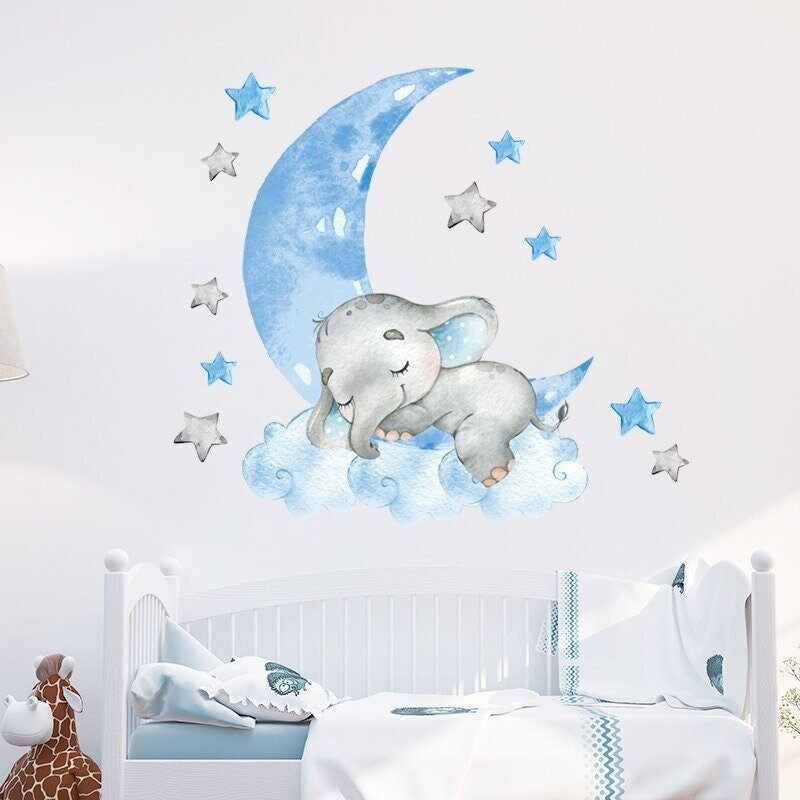 Stickers Chambre Bébé, Stickers Muraux Enfants, Autocollant Animaux, Éléphant Bleu Lune Étoiles