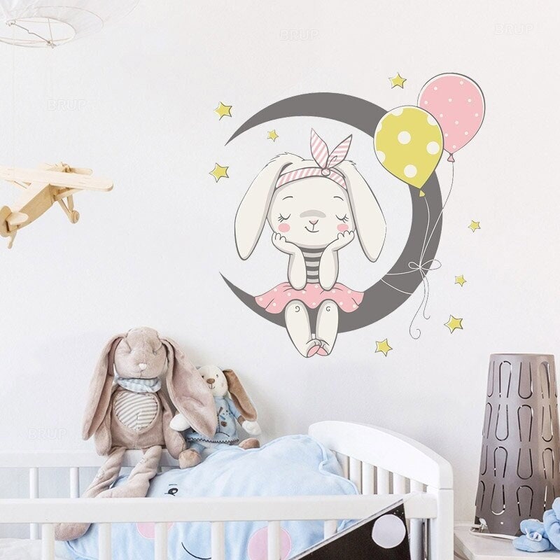 Stickers Chambre Bébé, Stickers Muraux Enfants, Autocollant Princesse, Sticker Fille, Lapin, Lune