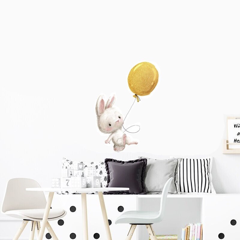Stickers Chambre Fille, Stickers Muraux Bébé, Autocollant Enfant, 4 Lapins Ballons Jaunes, Animaux