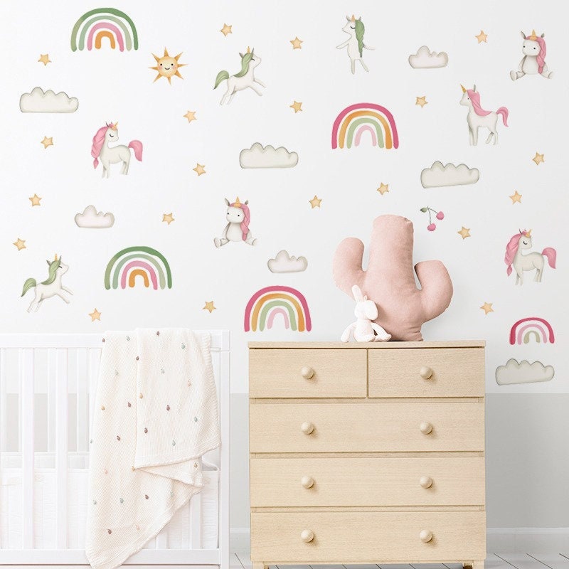 Set de 2 Stickers Chambre Bébé, Stickers Muraux Enfants, Autocollant Enfant, Arc en Ciel Licornes, S