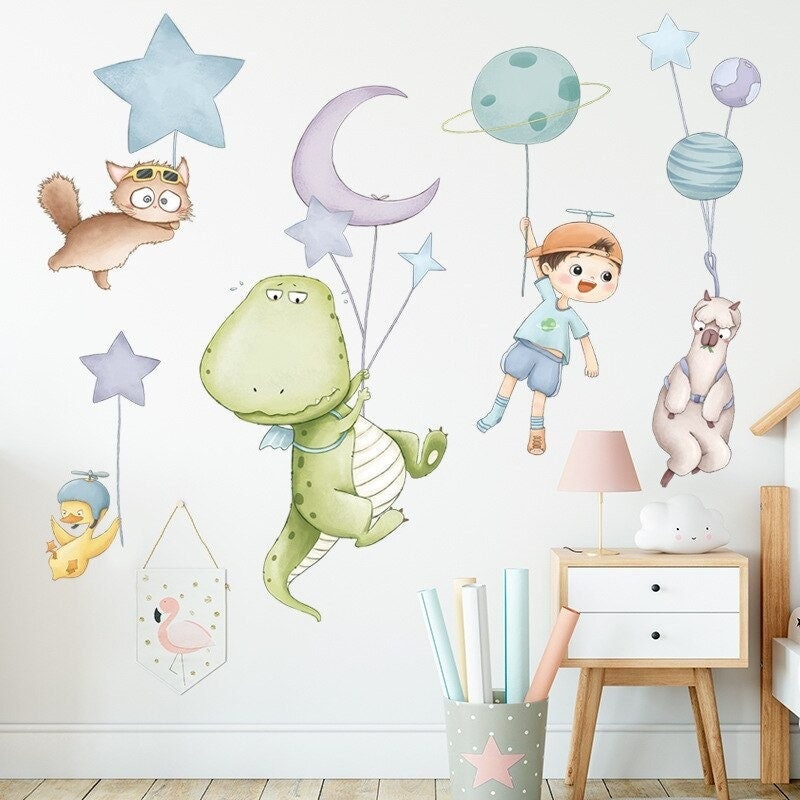 Stickers Chambre Bébé, Stickers Muraux Enfants, Autocollant Animaux, Dinosaure, Ballons, Garçon