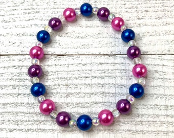 Bisexual Bracelet, LGBTQ Gay Jewelry, Pride Flag Bracelet, Bi, Beaded Stretch, Gift for Her, American Made in USA, Pink Blue Purple Pearl