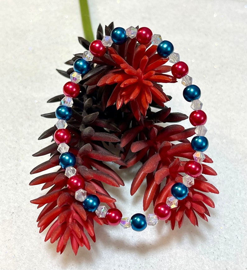 Patriotic Aesthetic Red White Blue Clear Glass Bracelet, Beaded Stacking Stretch Bracelets, Gift for Her, Made in USA, Stack Stacked Jewelry image 2