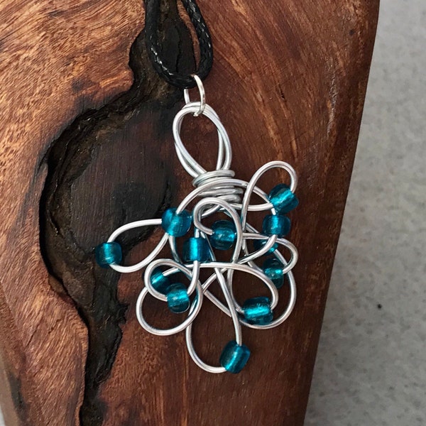 Wire Sculpture Pendant, Weird Jewelry, Wirewrapped Aesthetic Necklace, Art Nouveau, Whimsical Wrap, Gift for Her Mom, Blue Green Teal Silver