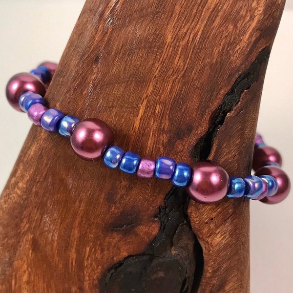 Burgundy & Iridescent Blue Beaded Bracelet. American made in the USA