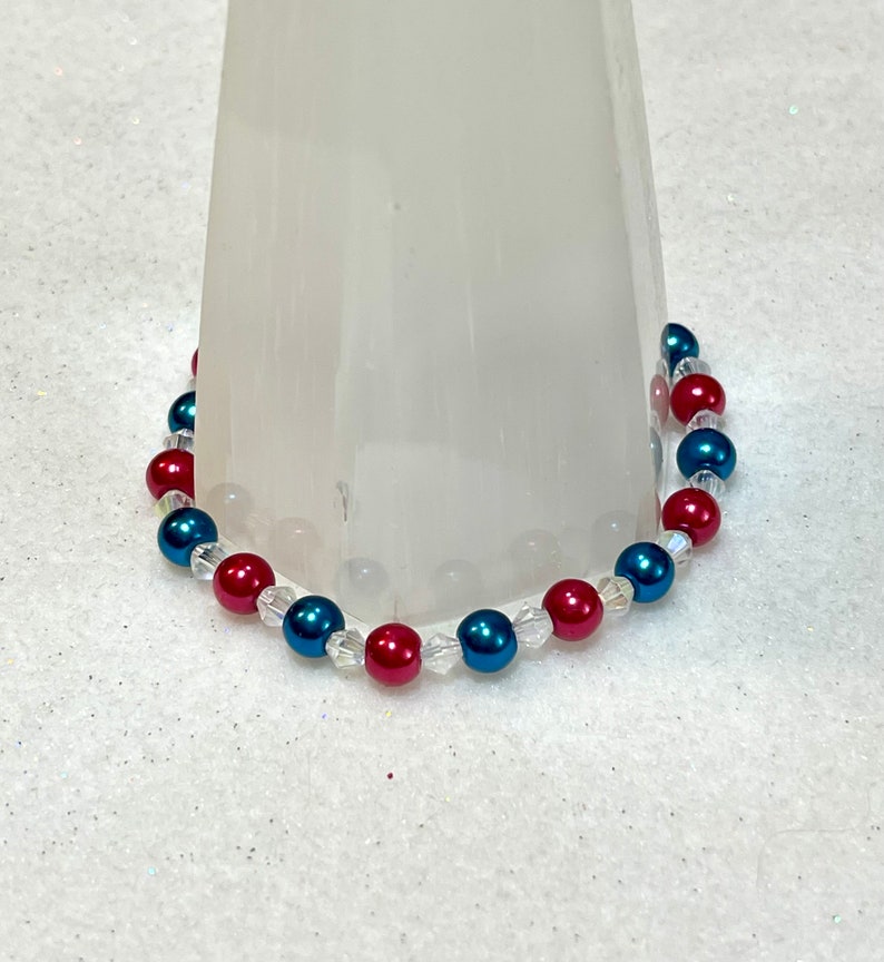 Patriotic Aesthetic Red White Blue Clear Glass Bracelet, Beaded Stacking Stretch Bracelets, Gift for Her, Made in USA, Stack Stacked Jewelry image 6