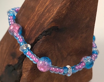 Transgender Bracelet, LGBTQ Gay Jewelry, Pride Flag Bracelet, Trans, Beaded Stretch, Pink White Blue, Gift for She Her, Crackle Glass