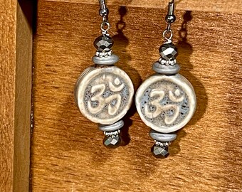 Om Earrings Aum Jewelry Ceramic Hematite Silver Gray Hindu Earrings Symbol Jewelry Great Gift for Her Ohm