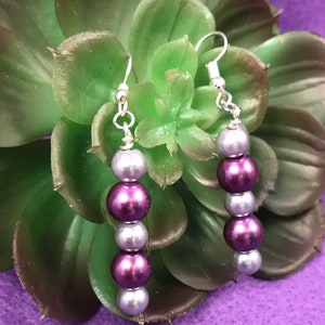Purple & Gray Pearl Earrings Beaded Glass. American made in the USA